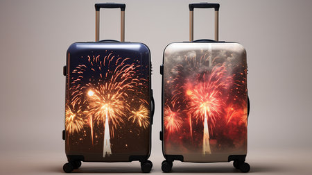 Suitcases with fireworks on gray background. 3D rendering.の素材