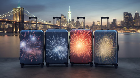 Suitcases with fireworks against view of the New York City skylineの素材