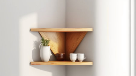 Wooden shelf with vases on the wall. 3d renderingの素材