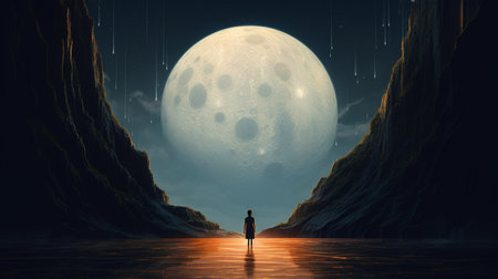 Woman standing in the middle of the moon. 3D Renderingの素材
