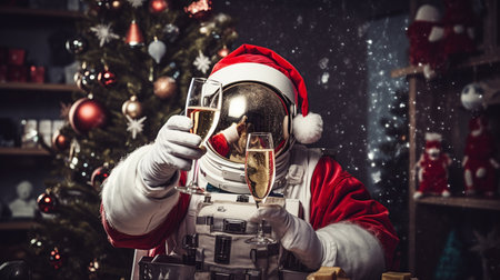 Santa claus with champagne glasses in his hands against christmas backgroundの素材