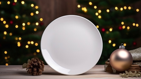 Empty white plate with christmas tree on background. 3d renderingの素材