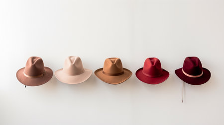 Men's hats in different colors on a white background. Fashionable conceptの素材