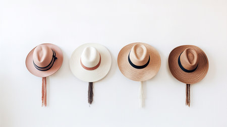 Women's straw hats on white background. Flat lay, top view.の素材