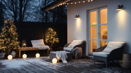 3D rendering of a cozy terrace with a beautiful Christmas treeの素材