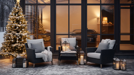 3d render of Christmas interior with fireplace, armchairs and Christmas treeの素材