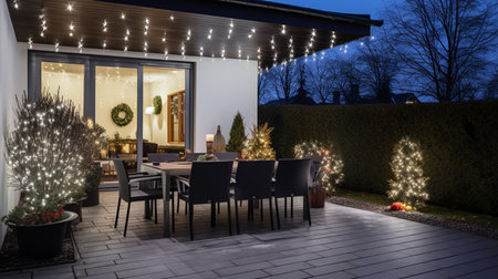 Outdoor dining area with Christmas tree and lights. 3d renderingの素材