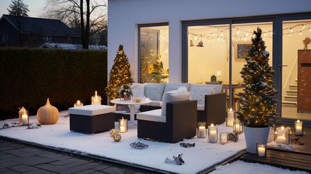 Christmas decorations on the terrace of a house with a large windowの素材