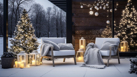 3d rendering of a winter terrace with Christmas tree and decorationsの素材