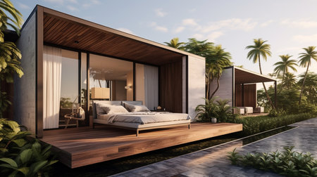 3d rendering of a modern house in the tropics with palm treesの素材