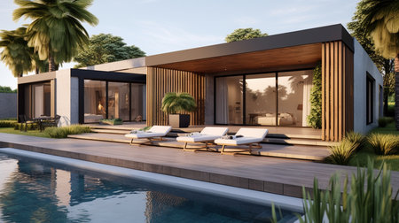 3d rendering of modern cozy house with pool and parking for sale or rent in luxurious style by the sea or ocean. Sunset with soft light from window.の素材