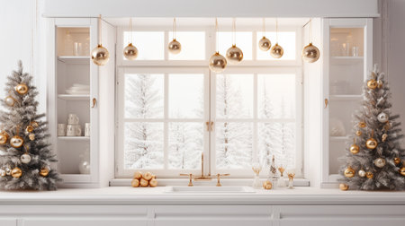 Christmas tree with gold baubles in modern kitchen. 3d renderingの素材