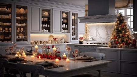 3d rendering of christmas tree and fireplace in modern dining roomの素材