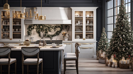 3d rendering of Christmas ornaments and decorations in the kitchenの素材