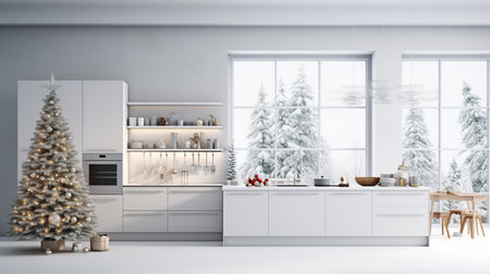 3d Illustration of white modern kitchen in a house with Christmas treeの素材