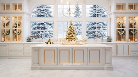 White kitchen countertop with christmas tree. 3d render.の素材
