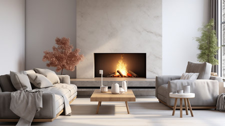 Modern bright interiors 3D rendering illustration. Living room with fireplaceの素材
