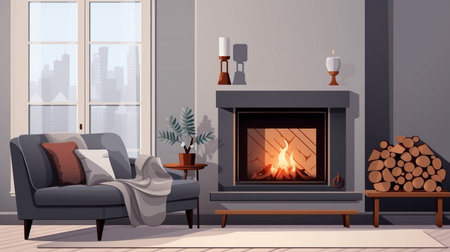 Cozy living room interior with fireplace, sofa and armchair. Vector illustration.の素材