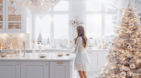 Beautiful girl in a white dress in the New Year's interiorの素材