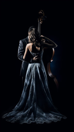 Violinist in a long evening dress with a cello on a black backgroundの素材