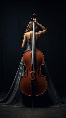 Young woman playing cello on black background. Classical music concept.の素材