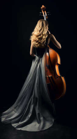 Beautiful young woman with a cello on a black background.の素材