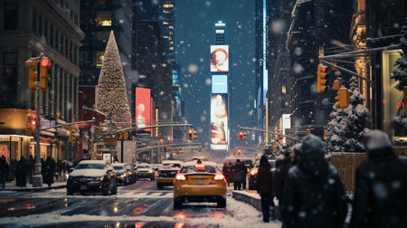 View of New York City Manhattan during snowfall.の素材