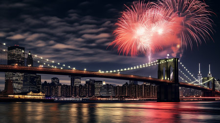 Celebratory firework over Brooklyn Bridge, New York City, USAの素材