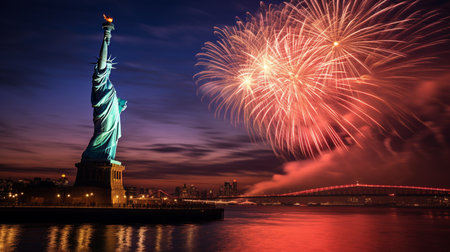 The Statue of Liberty and fireworks in New York City, USA.の素材