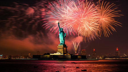 Statue of Liberty with fireworks in New York City, USA.の素材