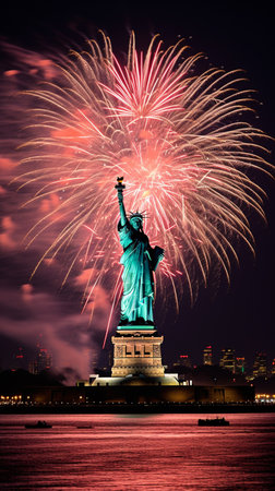 Statue of liberty and fireworks in New York City, USA.の素材