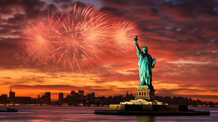 Statue of Liberty with fireworks in New York City, USA.の素材