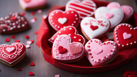 Delicious heart shaped cookies for Valentine's Day, on wooden backgroundの素材