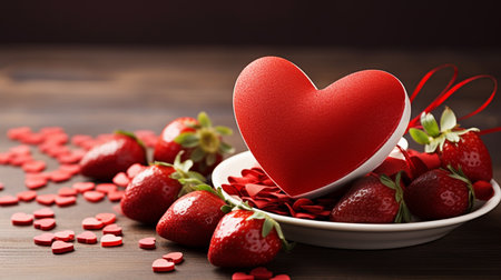 Strawberries in a heart-shaped bowl on a wooden backgroundの素材
