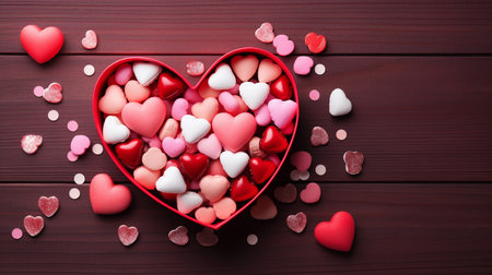Valentine's Day background. Red and white hearts in heart shaped box on wooden background.の素材