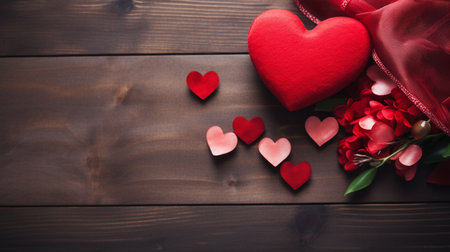 Valentine's Day background. Red hearts on wooden background.の素材