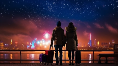 Back view of couple with suitcases standing on pier and looking at night cityの素材