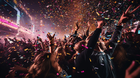 Cheering crowd at a music festival with confetti in the airの素材