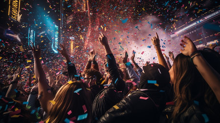 Cheering crowd at a music festival with confetti and ribbonsの素材