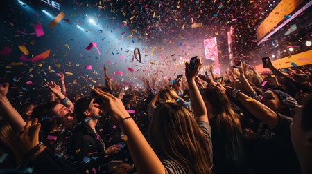 Crowd cheering at a live concert with confetti in the airの素材