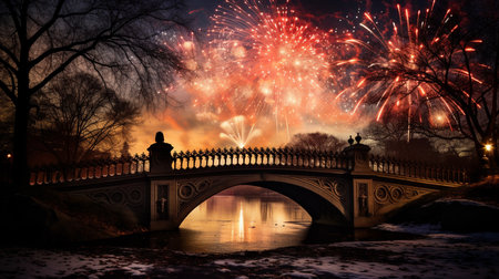 New Year's Eve fireworks over the bridge in Vilnius, Lithuaniaの素材