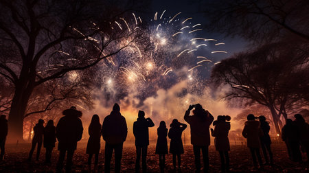 Silhouettes of people looking at fireworks in the night sky.の素材