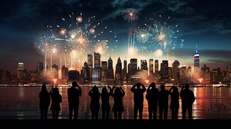 Silhouette of a group of people watching fireworks in New Yorkの素材