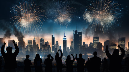 Silhouette of business people against new york cityscape and fireworksの素材