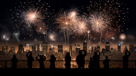 Silhouette of a group of people watching fireworks over New York Cityの素材