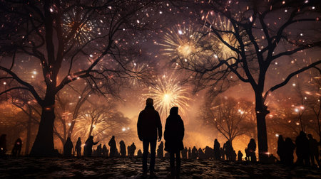 Silhouettes of people watching fireworks in the night forest. 3D renderingの素材