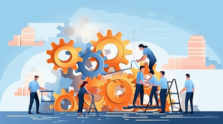 Teamwork concept vector illustration. Cartoon flat tiny business people characters working on gear mechanism.の素材