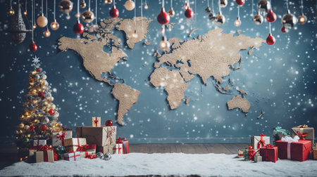 World map on a blue wall background with Christmas decorations and gifts.の素材