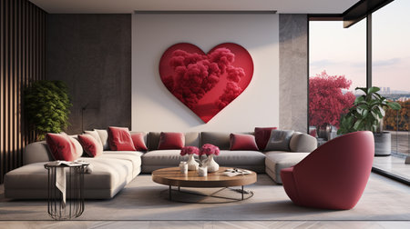 Modern bright interiors 3D rendering illustration. Living room with red heartの素材