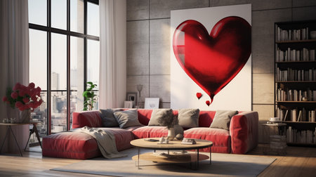 Modern living room interior with red sofa, coffee table, bookshelf and red heart. 3D Renderingの素材